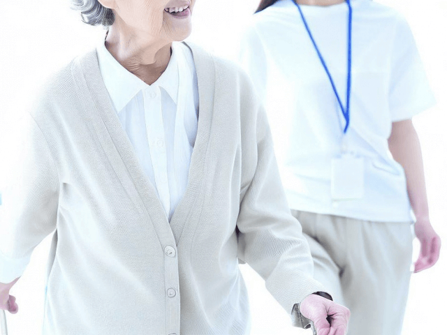 歩く高齢女性と女性介護士