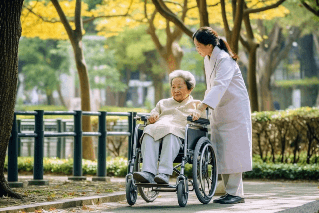 車椅子に乗った高齢女性と車椅子を押す女性介護士