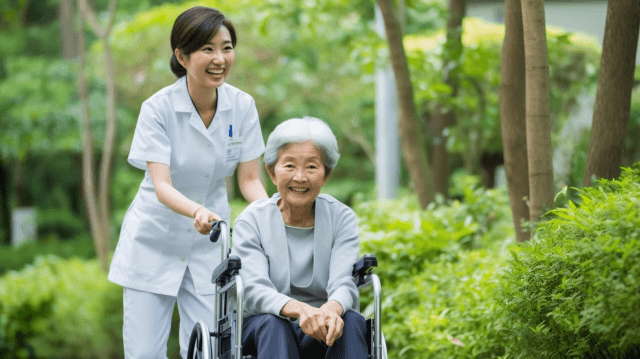 車椅子に乗った高齢女性と車椅子を押す女性介護士